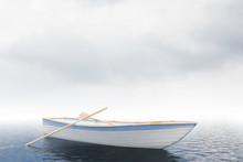 Loney White Boat In An Open Sea, Cloudy Day
