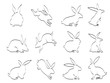 isolated doodle black rabbit outline icons on white background