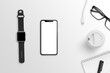 © Stanisic Vladimir - Smart mobile phone and watch on clean office desk. Black and white composition. Flat lay.