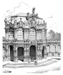West pavilion of the Zwinger, a palace in the eastern German city of Dresden  built in Baroque style and designed by court architect Matthaeus Daniel Poeppelmann, vintage engraving