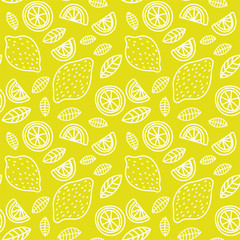 Poster - Lemon seamless pattern. Hand drawn fresh tropical citrus fruit. Vector sketch background. Doodle wallpaper. Yellow print