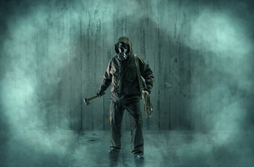 Wall Mural - Dreadful dangerous man with wood, shanty wallpaper and fume around
