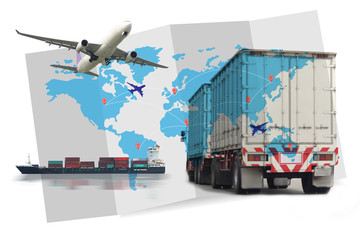 Transportation, import-export and logistics concept, container truck, ship in port and freight cargo plane in transport and import-export commercial logistic, shipping business industry