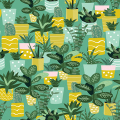 potted house plants print. bright botanical floral seamless pattern. vector flower print. floral background. textile fabric design. trendy graphic design. memphis style. 