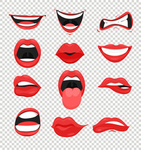 Vector Illustration Set Of Red Woman Lips. Mouth With A Kiss, Smile, Tongue And Many Emotions Mouth Emoji On Transparent Background In Flat Style.