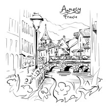 Vector Black And White Drawing, City View Of The Palais De L'Isle And Thiou River In Old City Of Annecy, Venice Of The Alps, France.