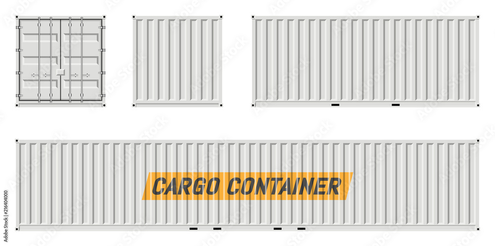 Cargo container vector mockup on white background with side, front, back view. All elements in the groups on separate layers for easy editing and recolor. - obrazy, fototapety, plakaty 