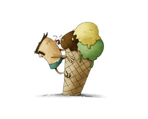 funny illustration of a man climbed on top of an ice cream and is licking it. isolated