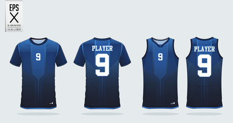 Blue t-shirt sport design template for soccer jersey, football kit and tank top for basketball jersey. Sport uniform in front and back view. Sport shirt mock up for sport club. Vector Illustration.