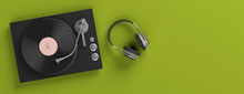 Headphones And Vinyl LP Record Player On Bright Green Background, Banner, Copy Space. 3d Illustration