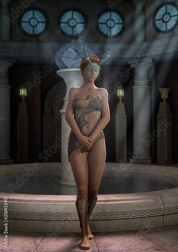 Cuadros en Lienzo Fantasy priestess blindfold with horns standing with a fount with water behind her