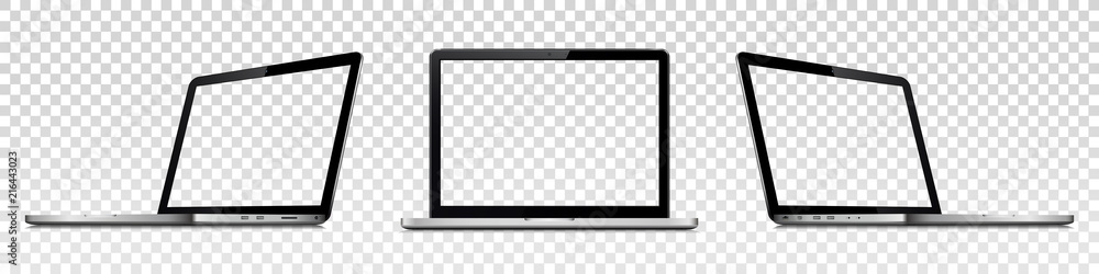 Laptops with transparent screen isolated on transparent background. Perspective and front view with blank screen. - obrazy, fototapety, plakaty 