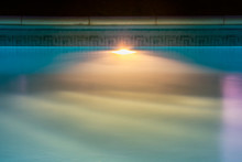 Beautiful Blue Liner Swimming Pool By Night. Underwater Lighting System Device Fixture. Backdrop With Copy Space.