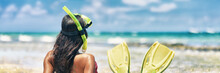 Snorkel Girl With Scuba Mask And Snorkeling Fins Relaxing On Caribbean Beach Travel Summer Vacation Panoramic Banner. Ocean Watersport Tropical Fun.