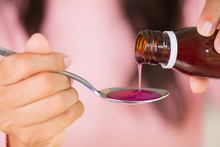 Woman Hand Pouring Medication Or Antipyretic Syrup From Bottle To Spoon. Healthcare, People And Medicine Concept.