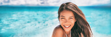 Beautiful Asian Woman Smiling Relaxing On Summer Beach Sunbathing Banner Panorama.