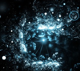 Wall Mural - Abstract icy-blue sparkling underwater fractal background with spotlights on black background. Fractal art
