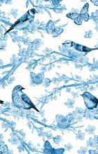 Monochrome Seamless Banner With Flowering Cherry And Birds. Watercolor Painting