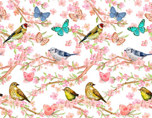 Wall Mural - pretty seamless pattern with birds on twigs of flowering cherry and butterflies. watercolor painting