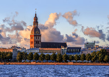 Riga Old Town During Sunset Time. Panoramic Montage From 30 Images
