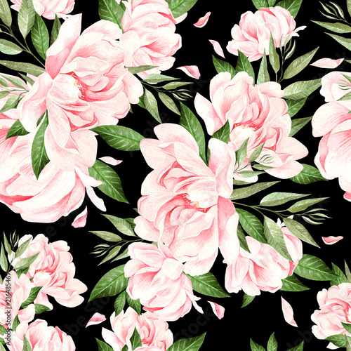 Beautiful  watercolor pattern with pink peony and eucalyptus.