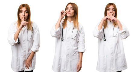 Canvas Print - Set of Young doctor woman making silence gesture