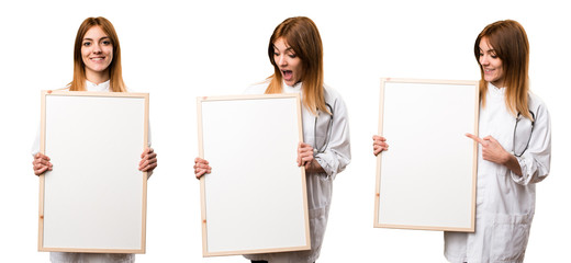 Wall Mural - Set of Young doctor woman holding an empty placard