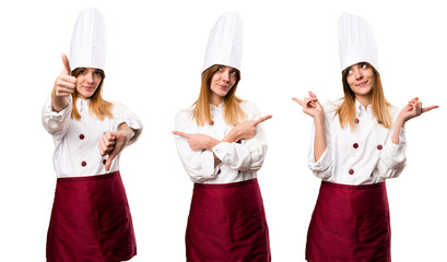 Canvas Print - Set of Beautiful chef woman pointing to the laterals having doubts