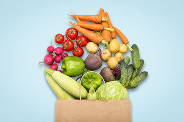 Paper shopping bag and fresh organic vegetables on a blue backgr