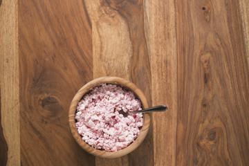 Wall Mural - top view of cottage cheese with sour cream and cowberry jam in wood bowl on table