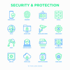 Wall Mural - security and protection thin line icons set: mobile security, fingerprint, badge, firewall, face id,