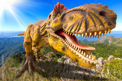 Fotografía 3D rendering scene of the giant Tyrannosaurus rex dinosaur destroy the park