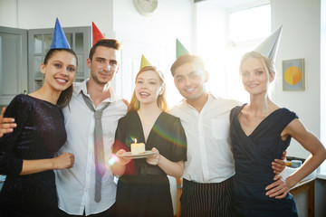 Poster - Group of young affectionate friends congratulating you on happy birthday and enjoying home party