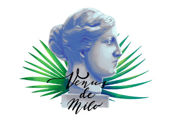 Poster - Venus de Milo head with palm leaves