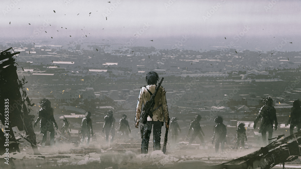 man with weapons facing a crowd of zombies against post apocalypse world, digital art style, illustration painting