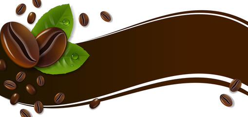 Banner with Coffee Beans and Green Leaves