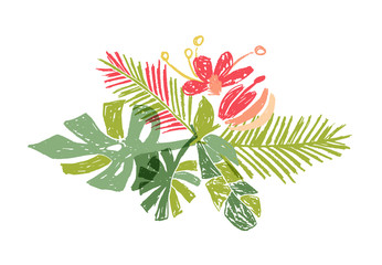 Wall Mural - Tropical colorful flower leaf bouquet, vector illustration isolated on white background. Floral doodle style, tropic jungle paradise, hello summer