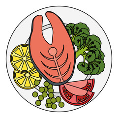 Sticker - dish with fresh salmon steak and vegetables