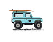 Vintage hand drawn surf car. Retro transportation with surfboard. Old style sufing automobile. Perfect for T-Shirt, travel mugs and otjer outdoor adventure apparel, clothing prints. Stock vector