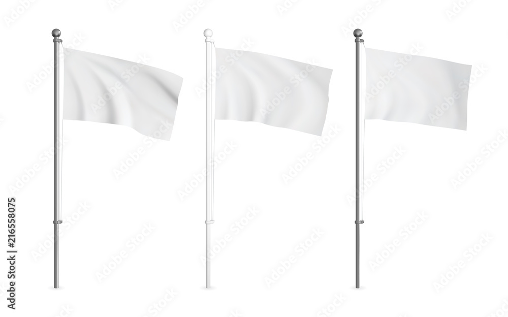 White and metallic wawing flag mockup set. Realistic vector template. - obrazy, fototapety, plakaty 