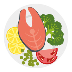 Sticker - dish with fresh salmon steak and vegetables