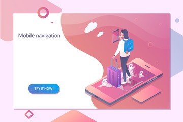 Smartphone with mobile navigation app on screen. Online Navigation template in isometric vector illustration