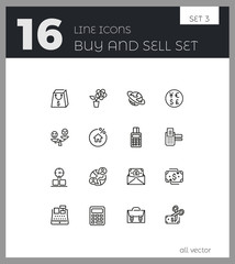 Sticker - Buy and sell icons. Set of line icons. Purchase, credit card, discount. Payment concept. Vector illustration can be used for topics like shopping, finance, banking