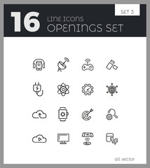 Canvas Print - Openings icons. Set of  line icons. Networking, phone with headphones, browser. Internet and wireless technology concept. Vector illustration can be used for topics like technology, applications