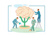 © vit003 - Color cartoon, flat illustration on the topic of brain psychotherapy. Group of doctors, psychologists, studies, cleans, treats brain in form of tree with trunk from Greek letter Psi. Vector graphic.
