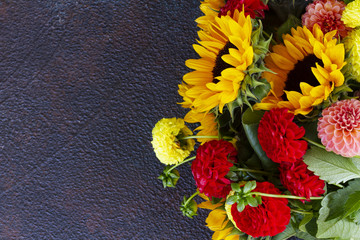 Sticker - Dahlia and sunflowers flowers bouquet on dark blue background with copy space