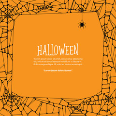 Halloween square frame black cobweb and spider on orange background ilustration vector. Halloween concept.