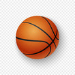 Vector realistic 3d orange brown classic basketball icon closeup isolated on transparency grid background. Design template for graphics, mockup. Top view