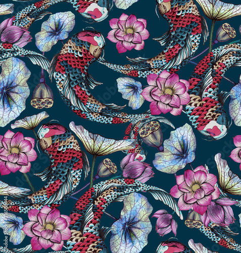 Seamless pattern with carp, and lotuses Poster Mural XXL