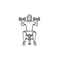 Sticker - Young man exercising with dumbbells hand drawn outline doodle icon. Athletics and fitness, bodybuilding concept. Vector sketch illustration for print, web, mobile and infographics on white background.